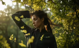 woman with ponytail standing in forest with leaves on trees