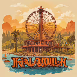 the sign for a ferris wheel with a person on a paddleboat,there is a colorful poster for the island kingdom