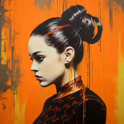 this is a painting of a girl with an orange background