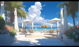 some chairs and umbrellas by the beach on a sunny day