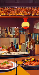 a group of men that are sitting in front of plates of food,a kitchen full of many pans of food on top of a table