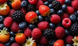 there are berries and blueberries with some other berries around it