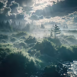 an ocean shore in the foreground, a marshy, wooded field on either side, with thick clouds and trees in the background