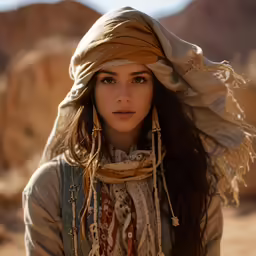 a woman dressed in a brown outfit with a hat on