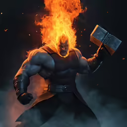 the animated image shows the character of thor holding fire and his hammer