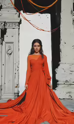 a beautiful young lady wearing an orange dress