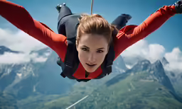 a woman is skydivers over a green mountain