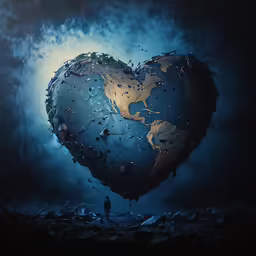 a giant heart shaped object surrounded by water droplets