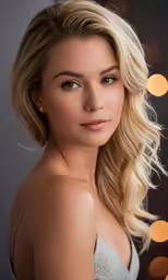 beautiful blond female in a dress by a backdrop of lights