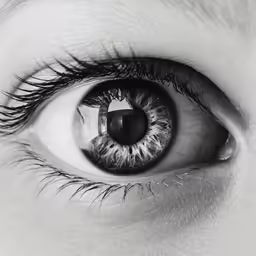 a blue eye with long eyelashes is photographed in black and white