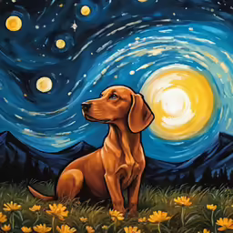 dog sitting on grass by the mountains with stars above