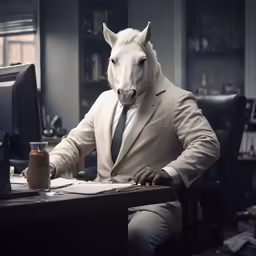 the man has a white horse head on his face