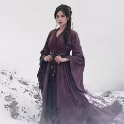a woman wearing a purple and black dress in the snow