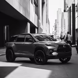 a suv parked on the side of the road in a city