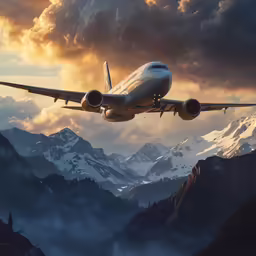an airplane in the air with mountains in the background