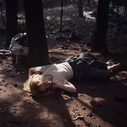 a woman is laying on the ground next to some trees