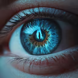 an eye with blue and orange iris