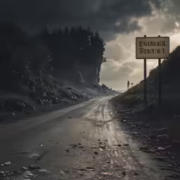 a long country road with a sign pointing the way to the right