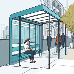 a woman is sitting in the bus stop waiting