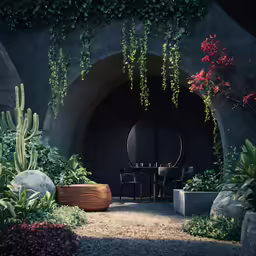 a dark room filled with plants and potted plants