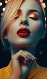 a blond woman wearing lipstick and gold eyeshadow with bright glitter