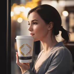 the woman is drinking from a coffee cup