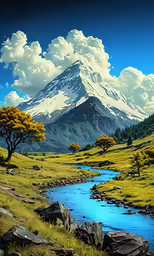 a painting of a mountain lake in front of a grassy landscape with rocks