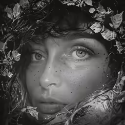 black and white photograph of a woman in a planty hat