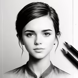 a woman in black and white, next to a pencil