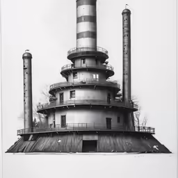 a building with some water towers in front of it