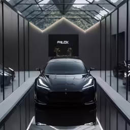 a modern luxury car parked in a building