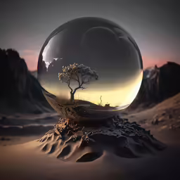 a tree inside of a glass globe on top of sand dunes