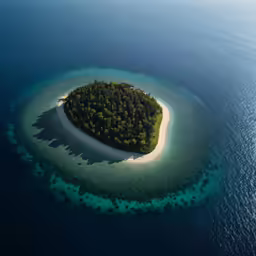 a small island sits in the middle of blue water