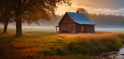 a cabin with blue roof and tin roof stands in an open field,the small cabin is in a field with fog