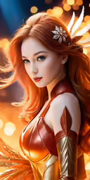 a painting of a red headed girl wearing a gold and white costume