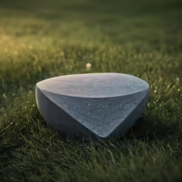 the large concrete object is shown laying in the grass