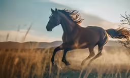 horse galloping in the wild with its tail back