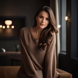 a woman is sitting on a couch and smiling
