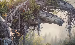 a tree with green leaves is covered in lichen