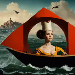 the woman in the boat is dressed as a princess,a woman in a red boat with a white hat on