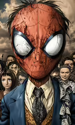 a close up of a spiderman in front of some people