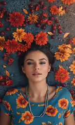 a woman standing in front of orange flowers on concrete