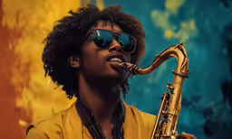 a man with sunglasses is playing the saxophone