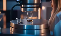 a woman looking at a machine making wine