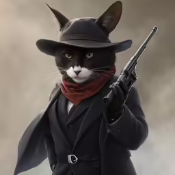 a cat dressed in a suit and hat with gun