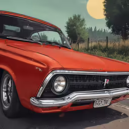 an orange and white vintage car is parked in the street,an old red chevrolet parked in a parking lot