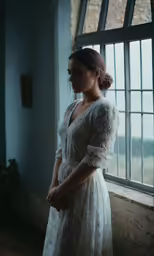 a woman standing by a window in a white gown