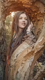 a woman is posing next to a tree