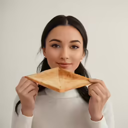 a woman holding a piece of toast to her face