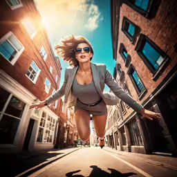 a woman is running down an alley way